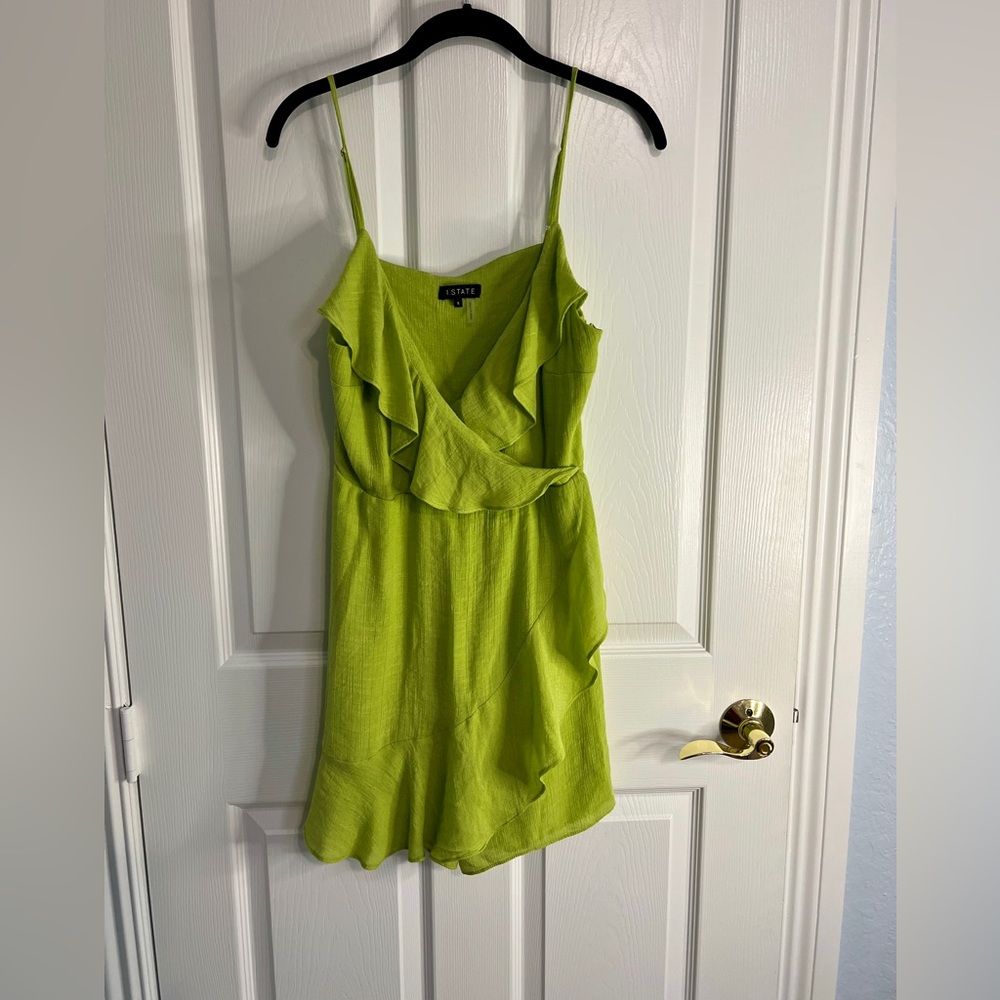 1. State Green Romper Adjustable Straps Ruffle Neckline Mini Length Large